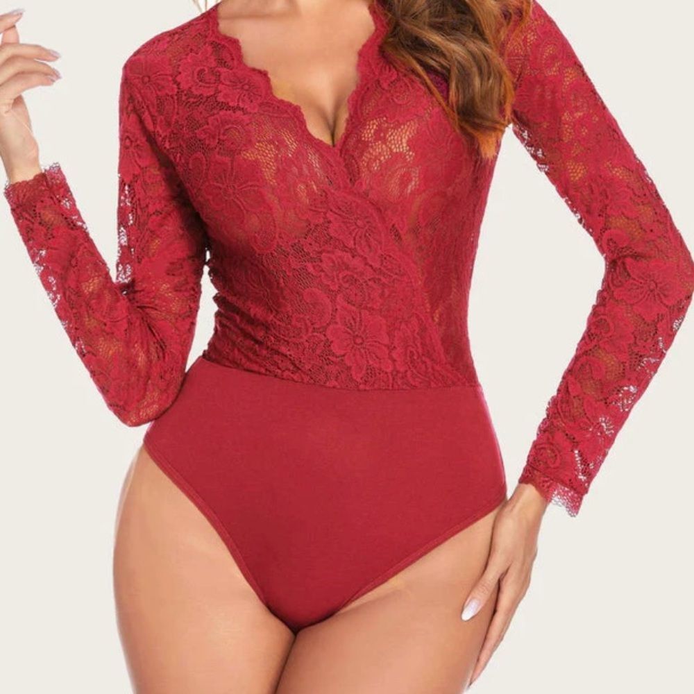 AVID LOVE - SEXY Deep V Snap Crotch Lace Bodysuit Long Sleeve NWT! Size L